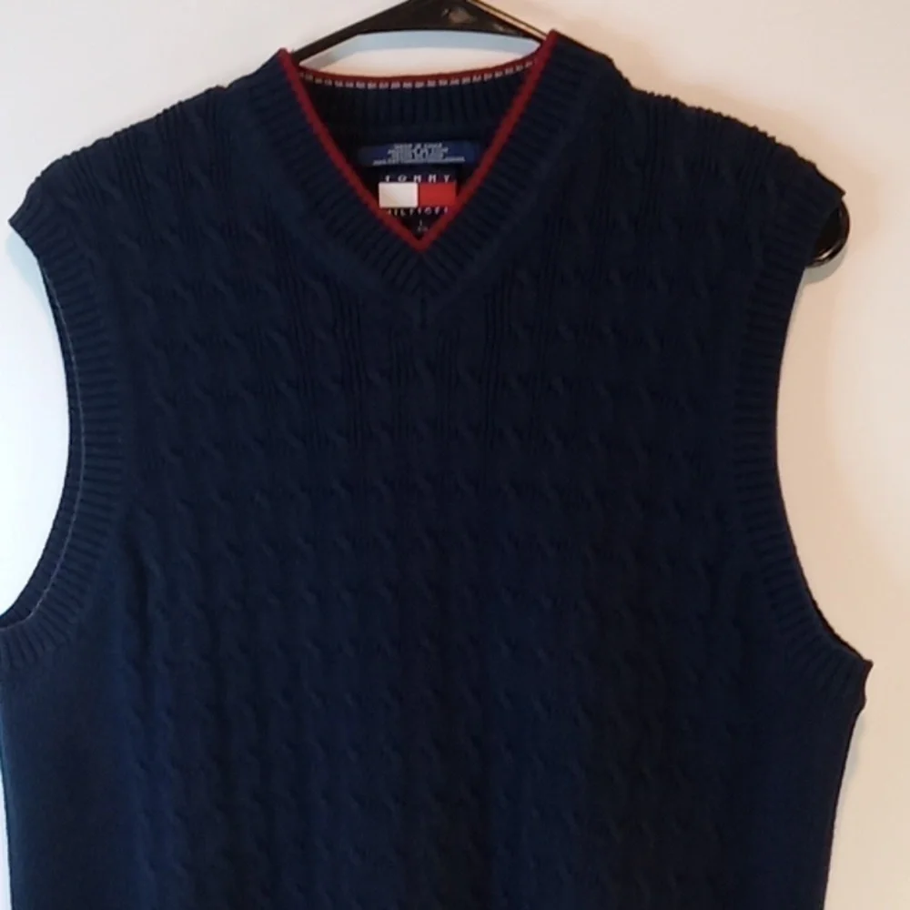 Vintage 90s Tommy Hilfiger Sweater Vest Navy Blue Men's Sz L EUC NICE!